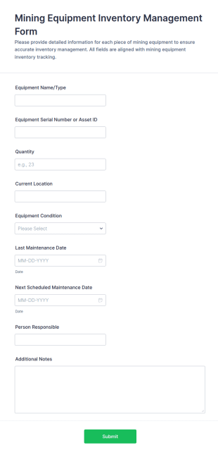 Mining Equipment Inventory Management Form Template