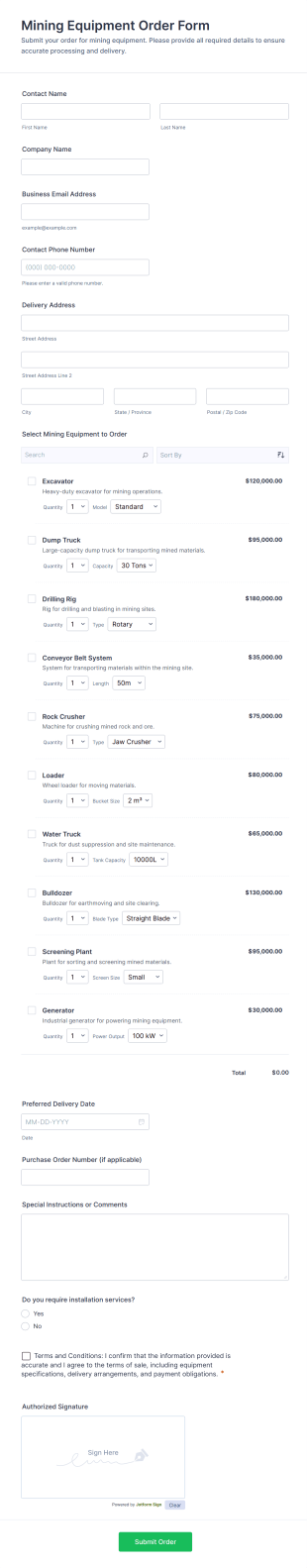 Mining Equipment Order Form Template