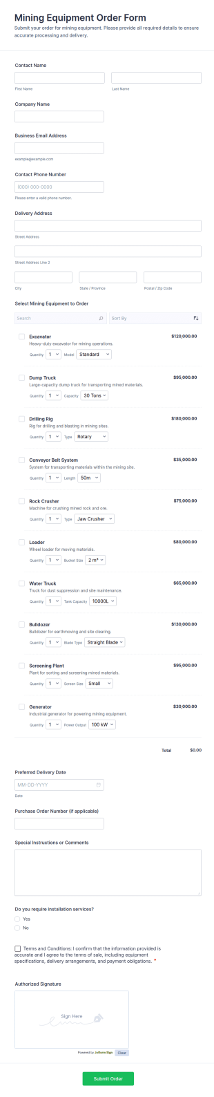 Mining Equipment Order Form Template