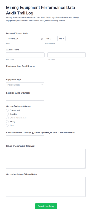 Mining Equipment Performance Data Audit Trail Log Form Template