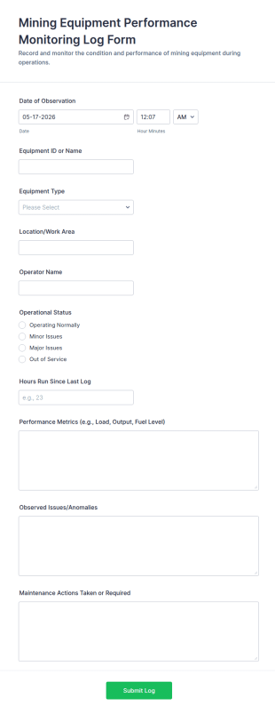 Mining Equipment Performance Monitoring Log Form Template