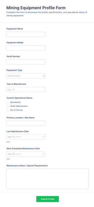 Mining Equipment Profile Form Template