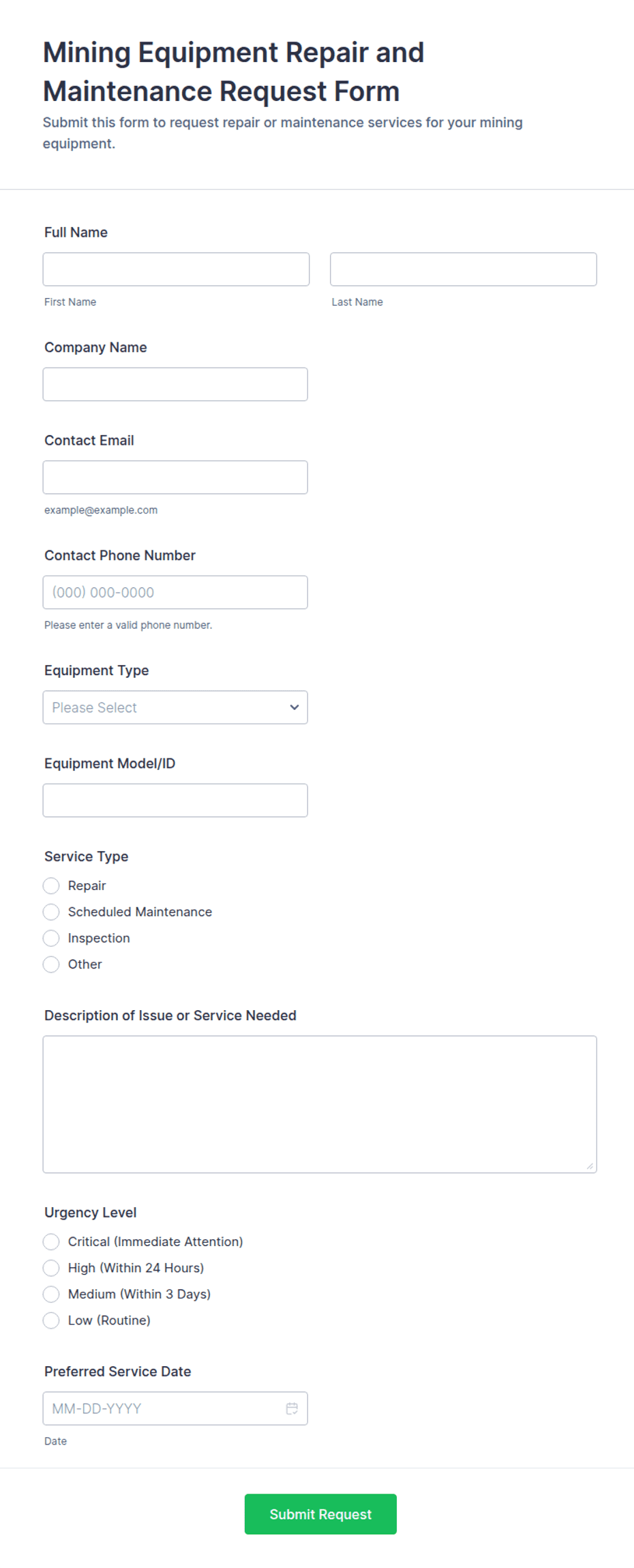 Mining Equipment Repair and Maintenance Request Form Template | Jotform
