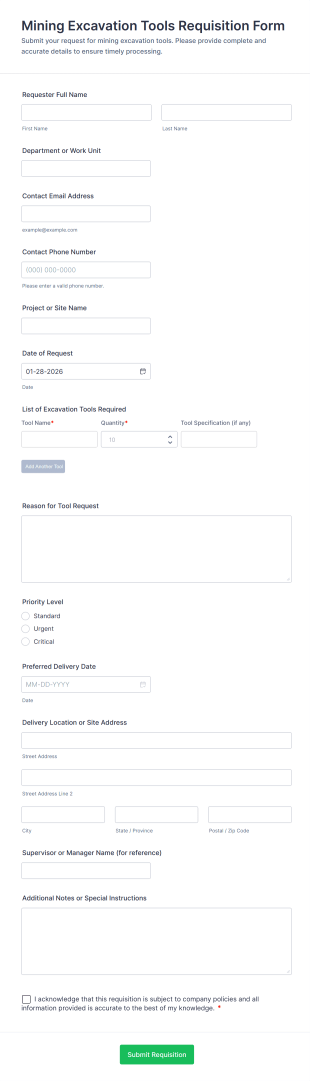 Mining Excavation Tools Requisition Form