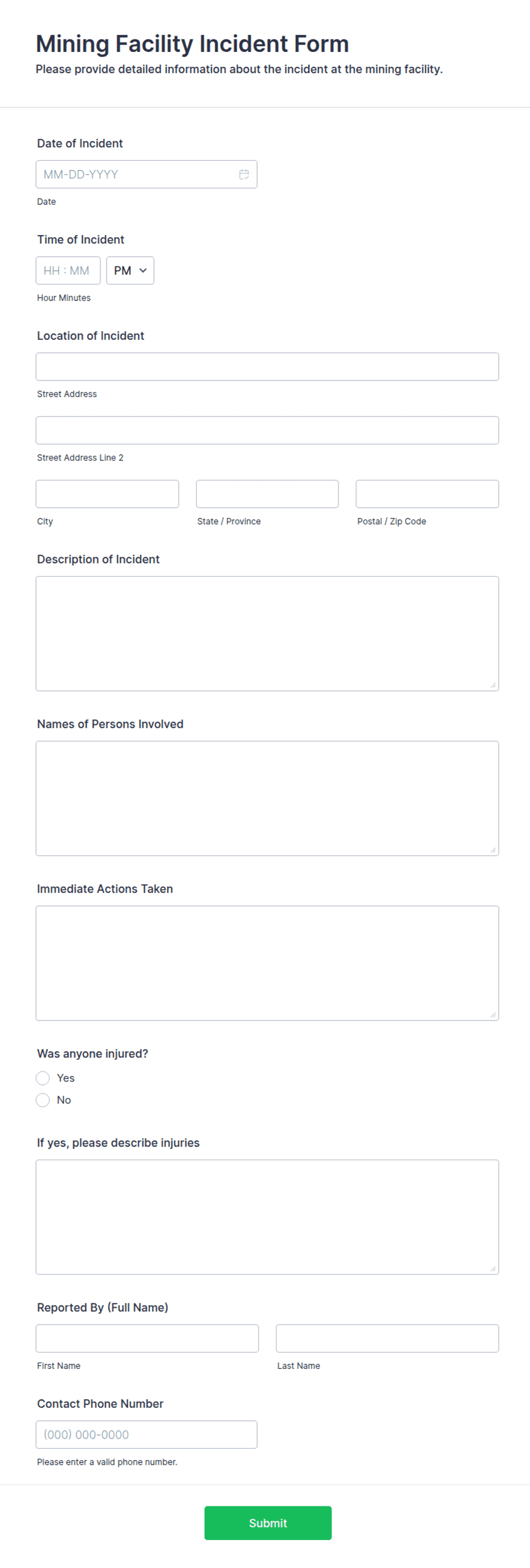 Mining Facility Incident Form Template | Jotform