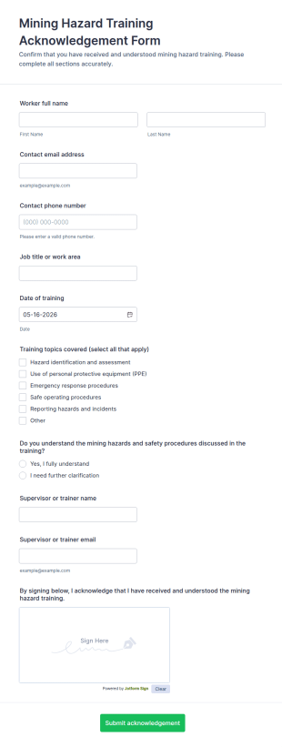 Mining Hazard Training Acknowledgement Form Template