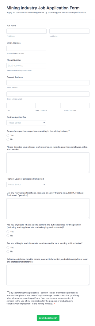 Mining Industry Job Application Form Template