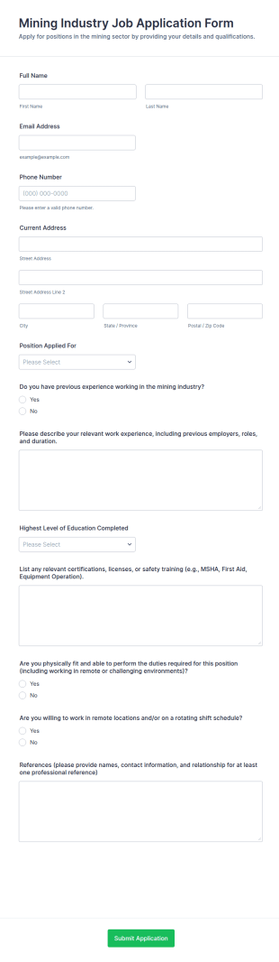 Mining Industry Job Application Form Template
