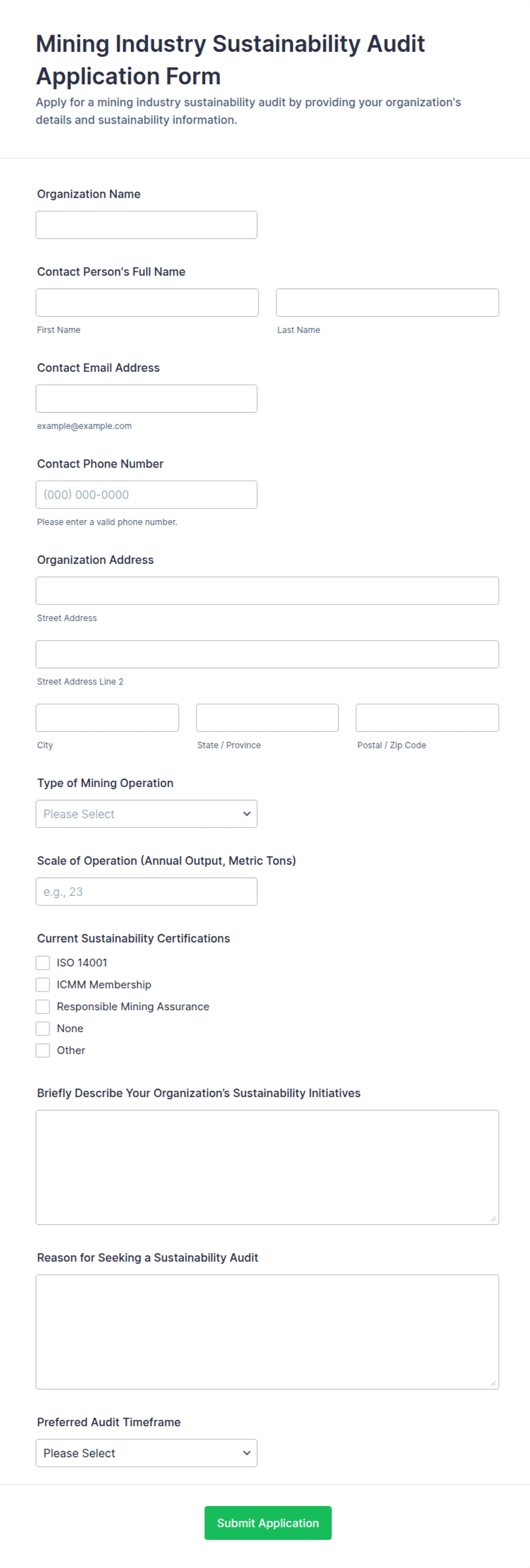 Mining Industry Sustainability Audit Application Form Template | Jotform
