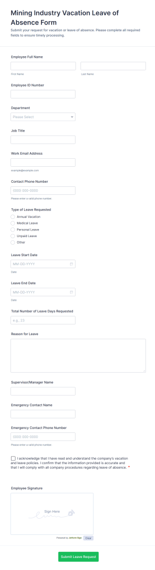 Mining Industry Vacation Leave Of Absence Form Template