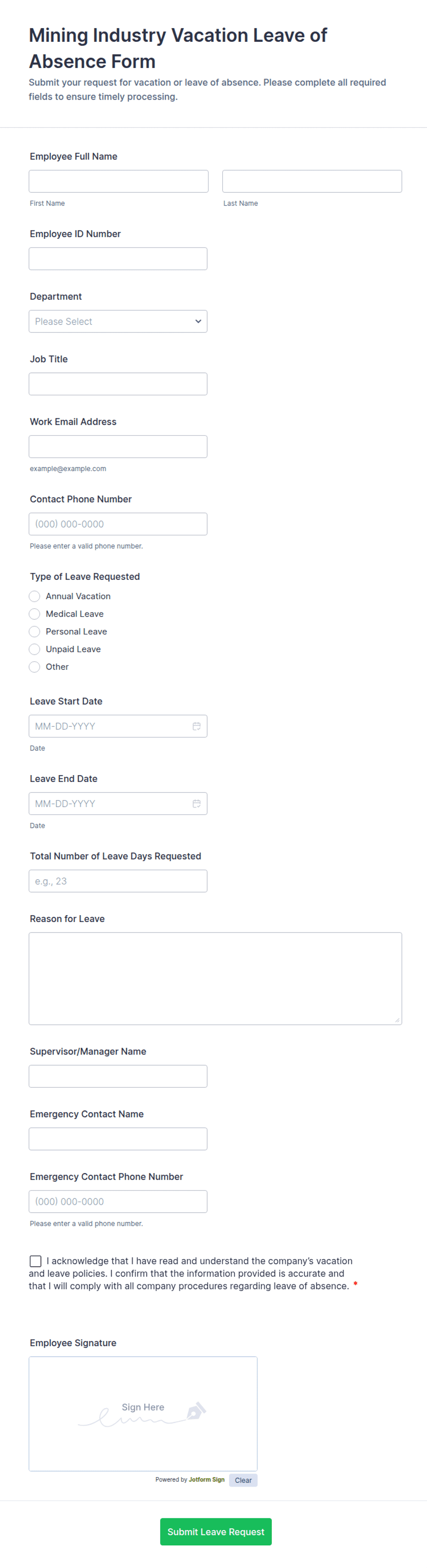 Mining Avocation Form Mining Industry Vacation Leave of Absence Form Template | Jotform