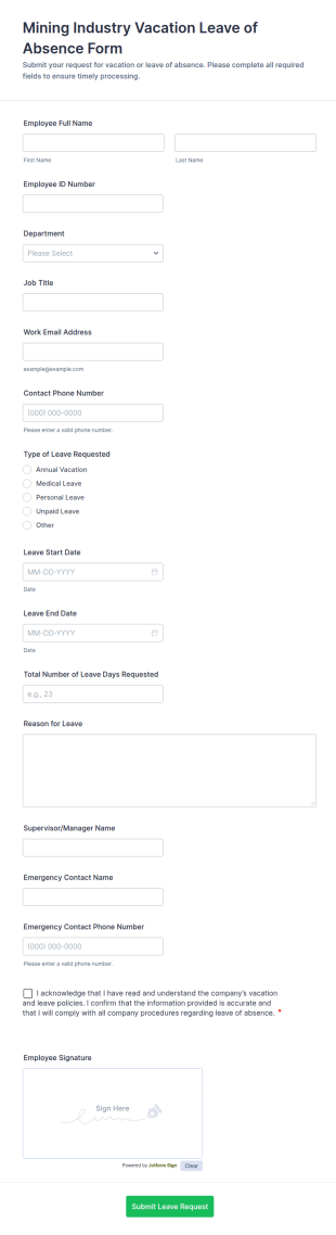 Mining Industry Vacation Leave Of Absence Form Template