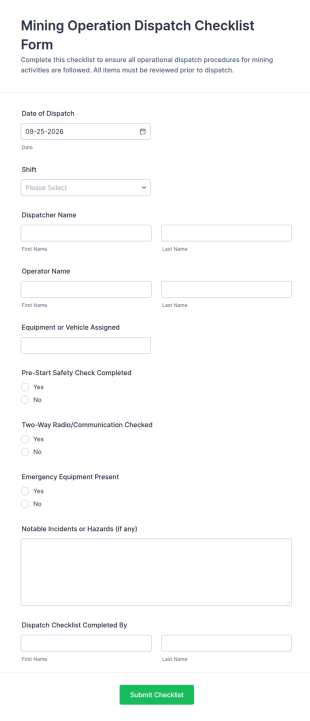 Mining Operation Dispatch Checklist Form Template