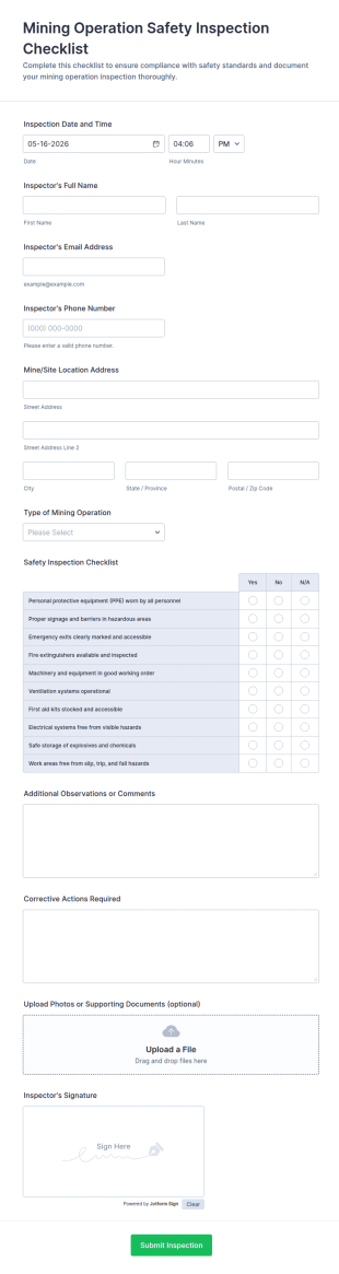 Mining Operation Safety Inspection Checklist Form Template