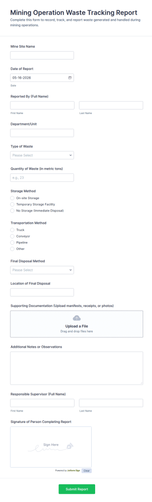 Mining Operation Waste Tracking Report Form Template