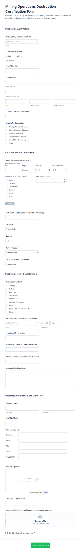 Mining Operations Destruction Certification Form Template