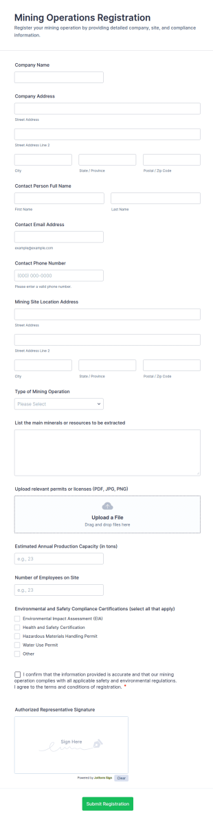 Mining Operations Registration Form Template
