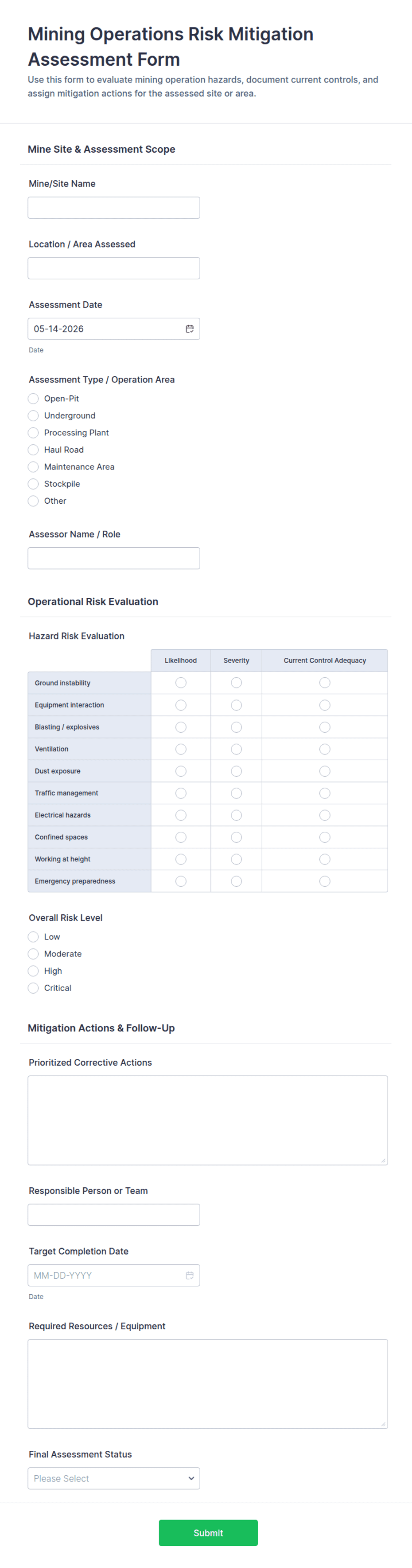 Mining Operations Risk Mitigation Assessment Form Template | Jotform