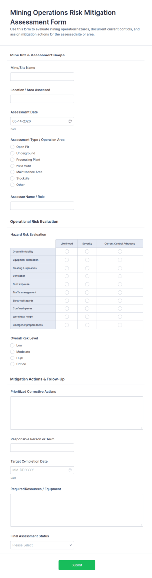 Mining Operations Risk Mitigation Assessment Form Template