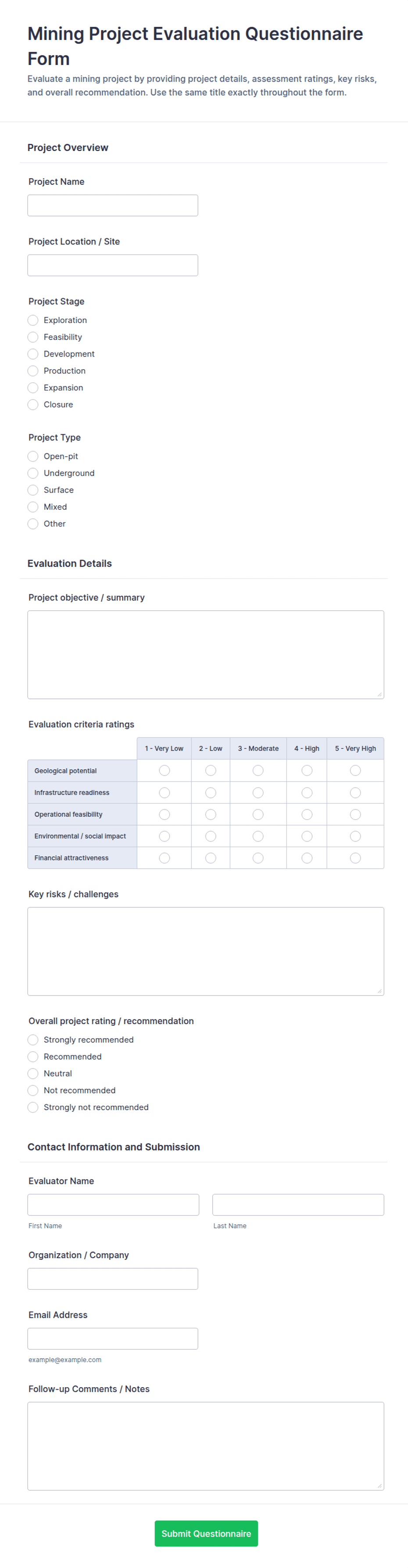 Mining Project Evaluation Questionnaire Form Template | Jotform