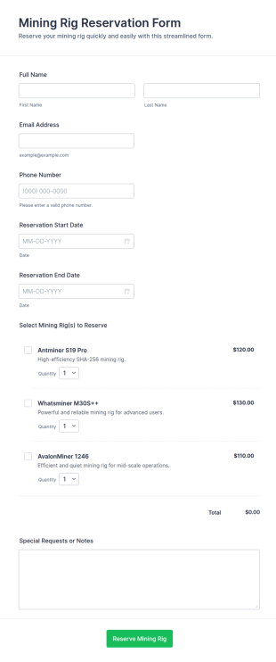 Mining Rig Reservation Form Template