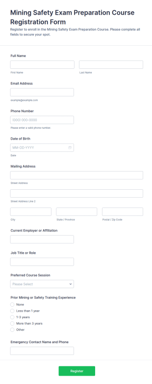 Mining Safety Exam Preparation Course Registration Form Template