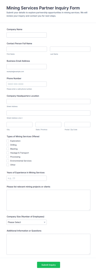 Mining Services Partner Inquiry Form Template