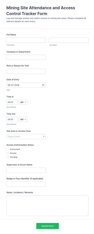 Mining Site Attendance And Access Control Tracker Form Template