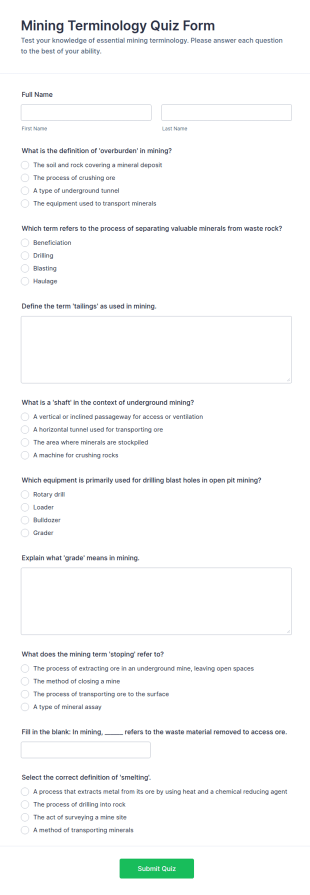 Mining Terminology Quiz Form Template