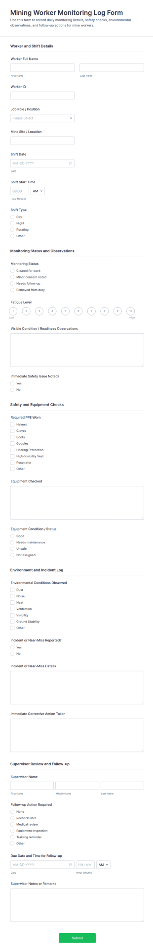 Mining Worker Monitoring Log Form Template