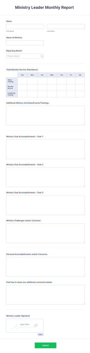 Ministry Leader Monthly Report Form Template