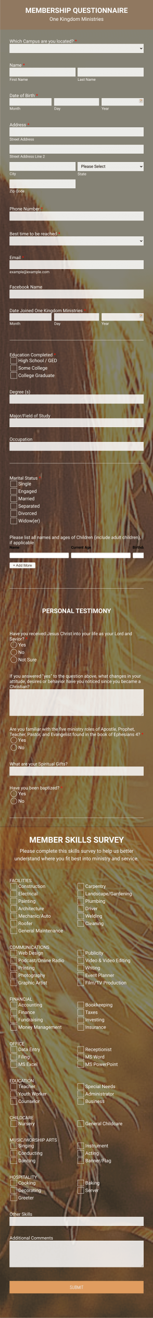 Ministry Member Questionnaire Form Template