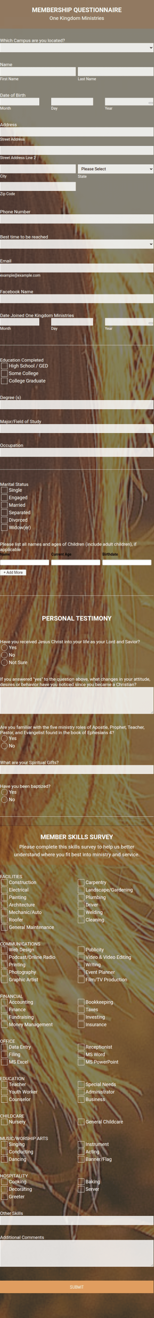Ministry Member Questionnaire Form Template