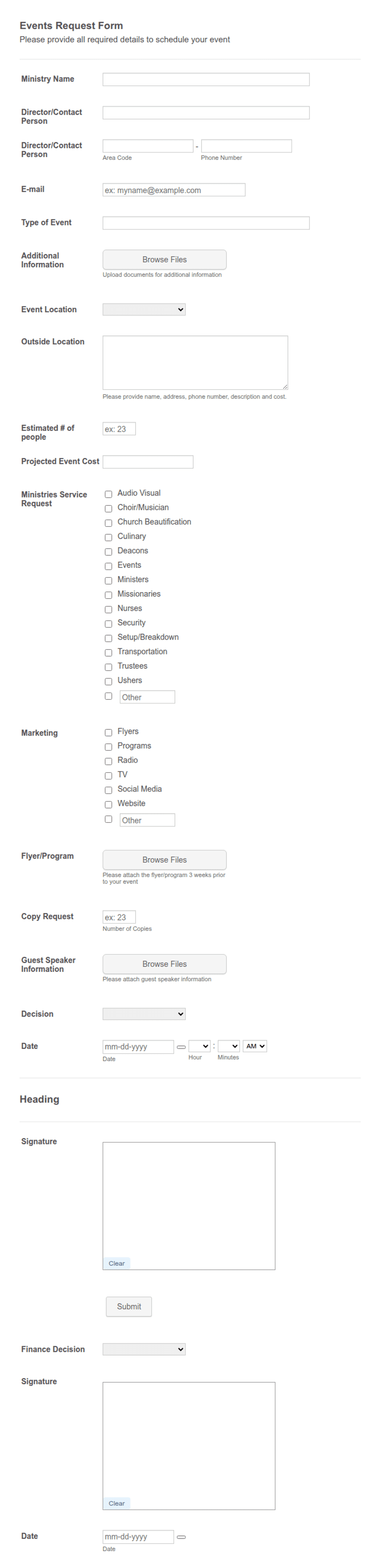 Sample Church Announcement Form Event And Publicity Form Template: