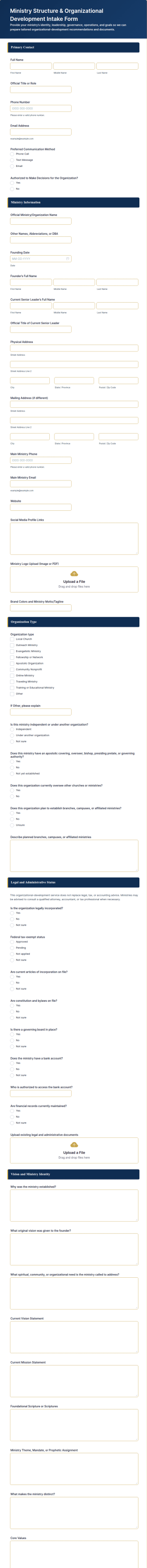 Ministry Structure & Organizational Development Intake Form Template
