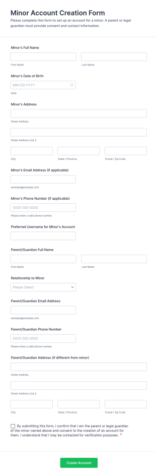 Minor Account Creation Form Template