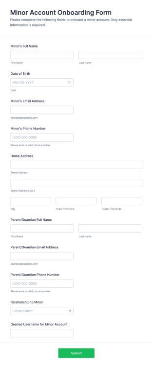 Minor Account Onboarding Form Template
