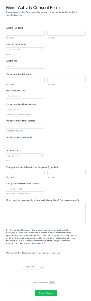 Minor Activity Consent Form Template