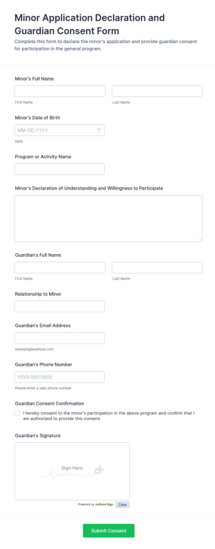 Minor Application Declaration And Guardian Consent Form Template
