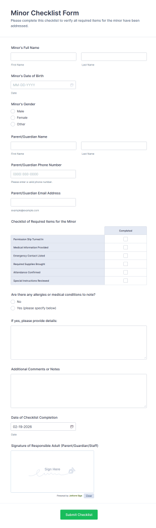 Minor Checklist Form Template