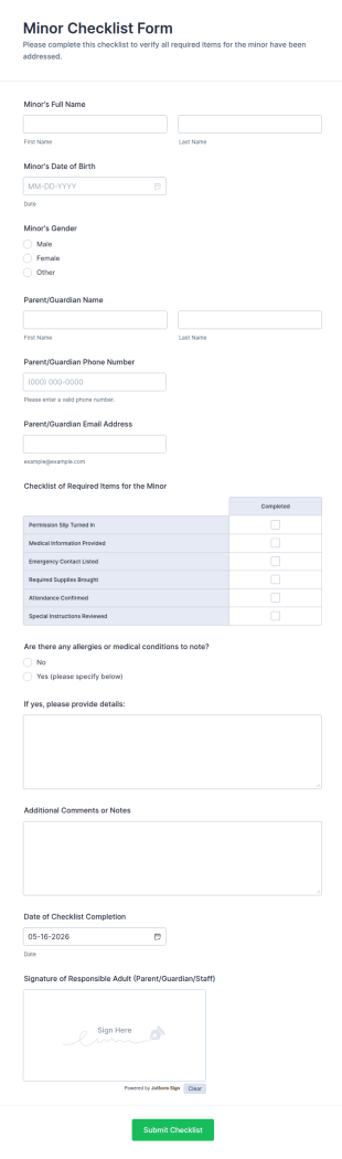 Minor Checklist Form Template
