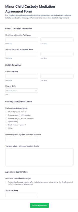 Minor Child Custody Mediation Agreement Form Template