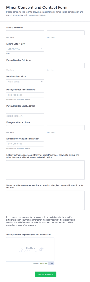 Minor Consent And Contact Form Template