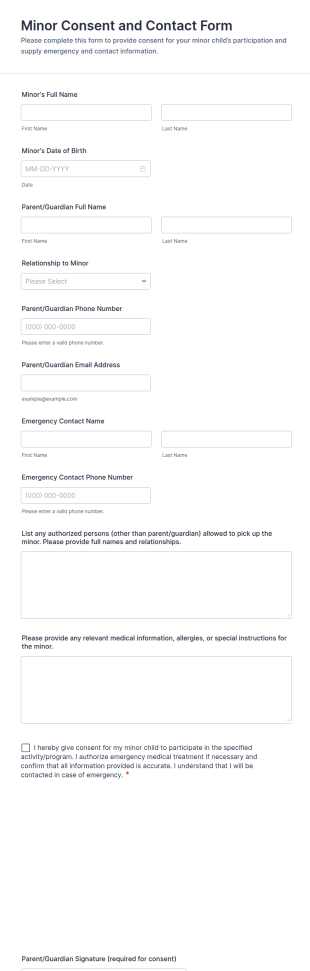 Minor Consent And Contact Form Template