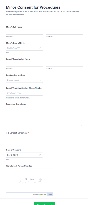 Minor Consent For Procedures Form Template