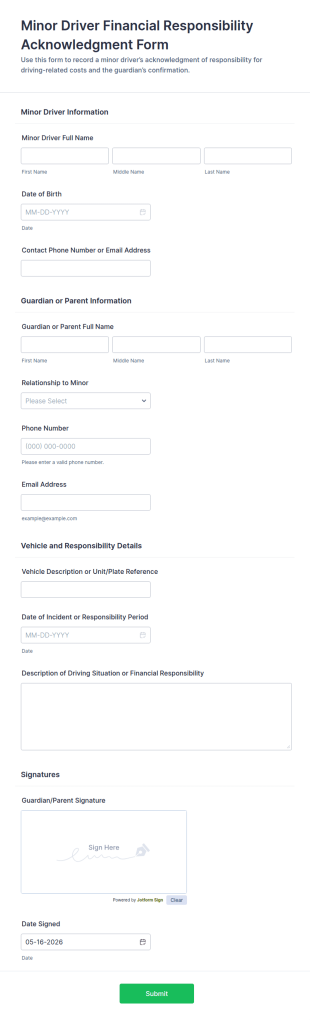 Minor Driver Financial Responsibility Acknowledgment Form Template