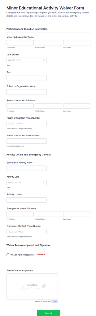 Minor Educational Activity Waiver Form Template
