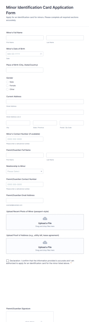 Minor Identification Card Application Form Template