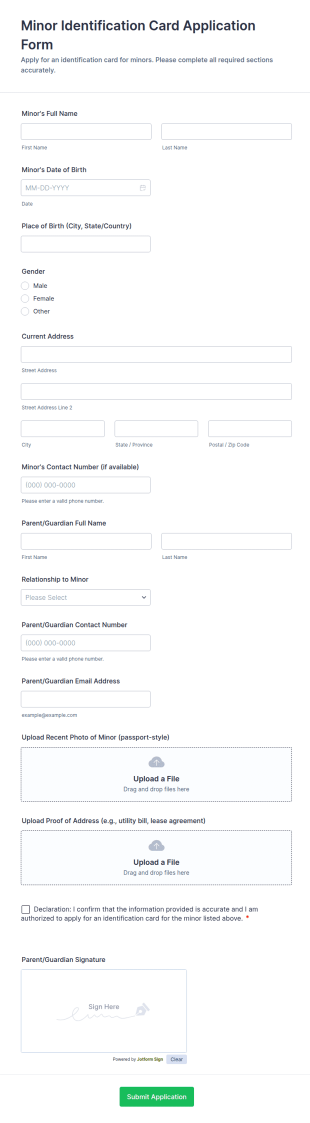 Minor Identification Card Application Form Template
