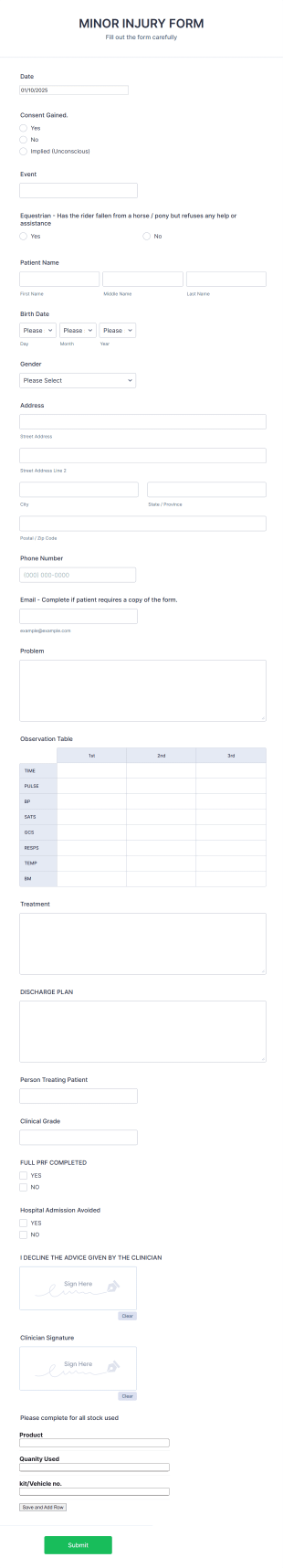 Minor Injuries Form Template
